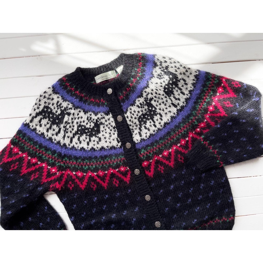 Fair Isle sweater 90s‎ vintage Northern Isles reindeer black mohair cardigan